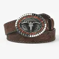 Vintage western leather belt with embossed sunflower and silver bull head buckle - Vintage Cowboy Bull Skull Style / 120cm