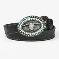 Vintage western cowboy leather belt with turquoise cow skull buckle and floral embossing - Bohemian Turquoise Style / Black (Silver Bull Skull Buckle)
