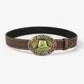 Dettaglio cintura vintage in pelle marrone con fibbia in bronzo e motivo cappello da cowboy - Stile Fibbia Cappello da Cowboy / Lunghezza Standard / Marrone