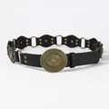 Cinturón bohemio de cuero PU con hebilla metálica grabada y anillos decorativos - 110cm / Negro