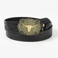 Men's retro western cowboy belt with embossed floral leather and golden bull head buckle - Vintage Gold Buckle Style / Black Gold Bull Head