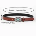Detail of vintage floral embossed leather belt with turquoise buckle 112cm x 3cm - 112 / Silver Oval Turquoise Buckle / Brown