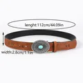 Detail of bohemian brown belt with embossed floral patterns and turquoise metal buckle - Western Vintage Style Three(3#) / Standard Length(112cm)