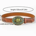 Detail view of brown PU leather cowboy belt with size specs and metal buckle - Brown
