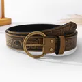 Vintage brauner Ledergürtel für Damen mit Blumenprägung und runder Metall-Dornschließe - Dunkelbraun