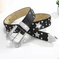 Cintura nera da donna con strass e borchie a stella in stile Y2K con fibbia lucida - 115cm / Nero