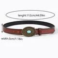 Detail of vintage embossed brown leather belt with 112cm length and turquoise buckle - 112 / Bronze Wavy Turquoise Buckle / Brown 2
