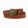 Brown embossed leather western belt with longhorn skull pattern and round metal buckle - Bronze Sunburst Texture Buckle Style