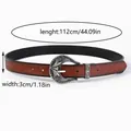 Detailed view of vintage embossed leather belt with 112cm length and 3cm width measurements - 112 / Silver Vintage Carved Buckle / Brown 3