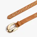 Detail of tan leather belt with gold buckle and white diamond embroidery stitching - Chocolate (Gold Streamline Buckle)