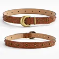 Cinturón vintage de cuero para mujer con relieve floral, tachuelas de latón y hebilla - Estándar / Chocolate