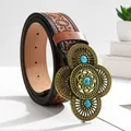 Böhmischer Ledergürtel in Braun mit Türkis-Schnalle und geometrischer Sonnenprägung - 100cm / Hellbraun