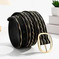 Women's black belt with golden wave embroidery and large oval metal buckle - Polished Oval Buckle / Black