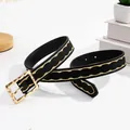 Fashionable black leather belt for women with golden wave embroidery and square metal buckle - Hammered Square Buckle / Black