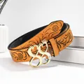 Vintage Y2K orange leather belt with floral prints and a rhinestone crown heart buckle - 105cm / Crown Heart Rhinestone Style / Sunflower Yellow