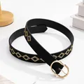 Detail of black belt with gold diamond embroidery and a round metal pin buckle - Black (Gold Round Buckle)