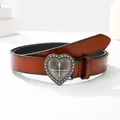 Macro detail of vintage brown leather belt with heart-shaped silver cross buckle - Heart Cross Buckle Style / Tan / 100