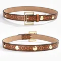 Vintage brown PU leather belt with round floral embossing and gold metal buckle - 105cm / Dark Brown