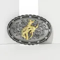 Western belt buckle with cowboy on bucking horse in gold and silver finish - Wild Mustang Cowboy Style (BK014)