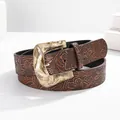Vintage brown leather belt with floral embossing and a hammered gold buckle - Hammered Texture Buckle (5) / 100cm / Dark Brown