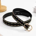 Fashionable black women belt with gold wave embroidery and double gold metal ring buckle - Glossy Double Ring Buckle / Black