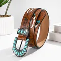 Bohemian retro embossed leather belt featuring turquoise buckle and feather print details - 100 / Feather Style