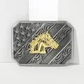 Western belt buckle featuring a silver engraved plate and a golden horse head detail - Western Horse Head Style (BK016)