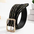 Chic black matte leather belt for women with golden square buckle and wavy stitching - Hammered Rectangular Buckle / Black