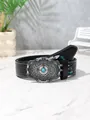 Close-up of western style leather belt featuring vintage floral engraving and turquoise buckle - Turquoise Buckle Style / 100cm