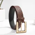 Brown embossed leather belt with western scroll pattern and gold buckle on white background - Geometric Rectangle Buckle (5) / 100cm / Chestnut