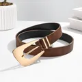 Stylish brown leather belt for women featuring a large geometric gold metal buckle - Standard Length / Dark Brown