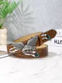 Detail of western leather belt with eagle buckle and turquoise feather embossing - Eagle Style / 100cm