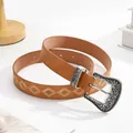 Vintage western leather belt with embroidered diamond patterns and engraved silver buckle - Camel (Large Silver Carved Buckle)