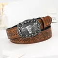 Vintage western cowboy belt in brown leather with floral embossing and buffalo skull buckle - 100cm / Brown+Black