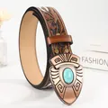 Vintage western leather belt with floral embossing and large turquoise metal buckle - 100cm / Turquoise