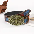 Men's western brown leather belt with bull head brass buckle and embossed patterns - 100 / Blue and Brown
