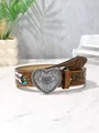 Detail of brown leather belt with embossed feather patterns and heart-shaped carved buckle - Heart Style / 100cm