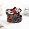 Vintage black leather belt with red heart love hurts buckle and floral embossing - 110cm / Heart with Arrow
