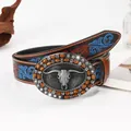 Men Western cowboy belt with embossed floral leather and longhorn skull metal buckle - 100cm / Dark Brown