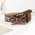 Vintage brown leather belt for women with embossed feather patterns and turquoise buckle - 100cm / Red Howlite