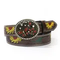 Vintage dark brown leather belt with ruby floral buckle and sunflower embossing - Ruby / S