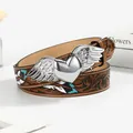Vintage brown embossed leather belt with large silver winged heart buckle and floral accents - 110cm / Silver Heart Wings