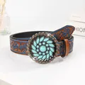Bohemian brown leather belt with blue floral embossing and turquoise buckle - 100cm / Brown And Blue