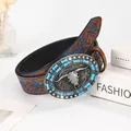 Men's western cowboy belt with bull head buckle, blue embossed floral details - 100cm / Light Blue