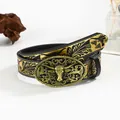 Western style belt with vintage gold bull head buckle and black printed pattern - 100 / Black and Gold