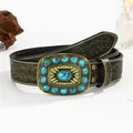 Bohemian vintage embossed leather belt with large turquoise bronze oval buckle - 100cm / Turquoise