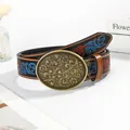 Vintage western ethnic belt with embossed floral metal buckle and stitched black leather - Multicolor / 100cm
