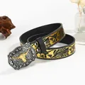 Vintage western punk belt with engraved bull head buckle and gold embossed leather - Silver Bull Head / 100