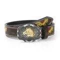 Close-up of golden horse head buckle with silver floral patterns on embossed leather belt - Horse Head / S