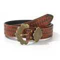 Cintura da uomo in pelle goffrata marrone con fibbia floreale in bronzo stile western - 100cm / Floreale Bronzo Etnico (Fibbia ad Ardiglione)